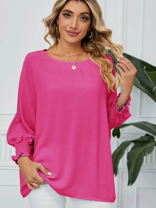Smocked Lantern Sleeve Round Neck Blouse Hot Pink Trendsi 2c7f4e2b5b8f4900b3f3239446535811-Max