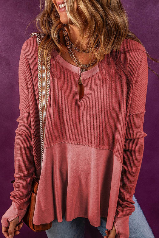 Notched Neck Long Sleeve Slit Blouse Watermelon pink Trendsi 2c80f7c2292e4976a3b7f2d61b128496-Max