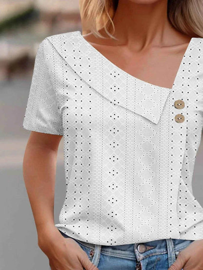 Eyelet Asymmetrical Short Sleeve T-Shirt Trendsi 2c847ed5-c280-44c7-b0f8-ba52e6cc6817-Max-Origin
