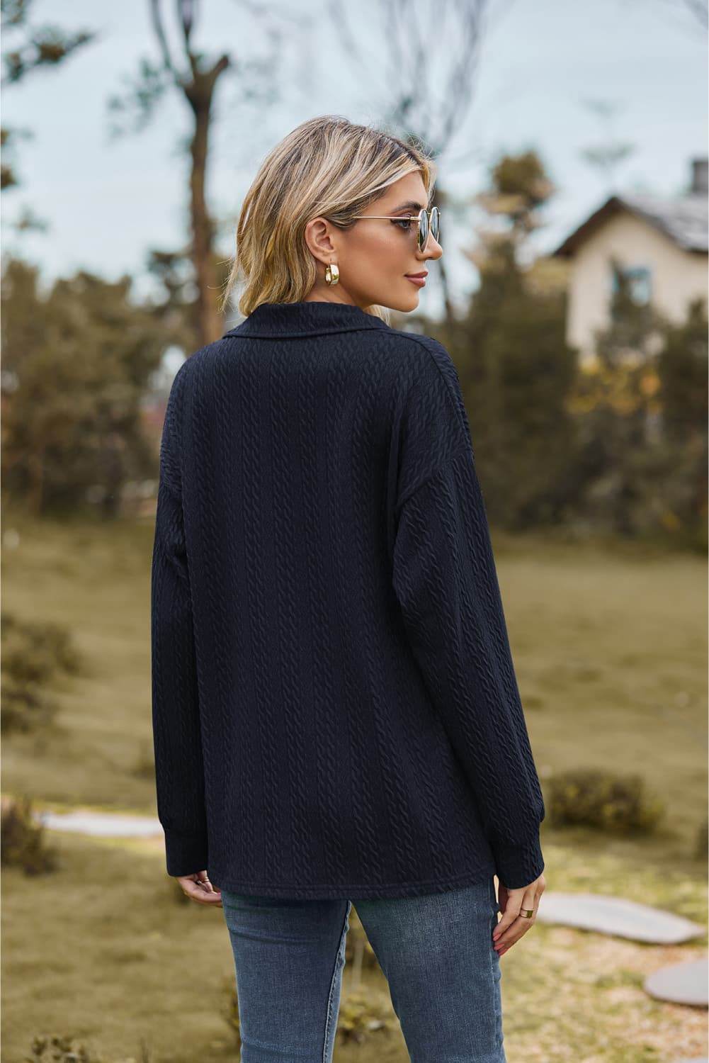 Collared Neck Cable-Knit Long Sleeve Blouse Trendsi 2c857e1cd47b4cd684455f75de2e0d0f-Max