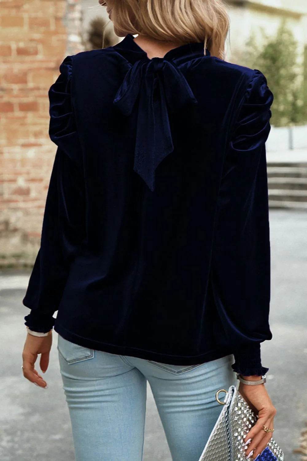 Tie Up Mock Neck Velvet Fabric Long Sleeve Blouse Trendsi 2cea6d77-ece4-40dc-a6c4-3e2d90b3dcd5-Max