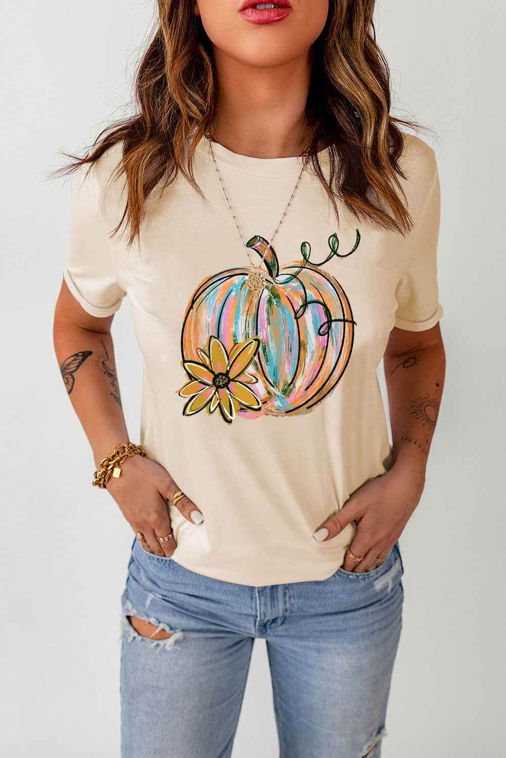 Pumpkin Graphic Round Neck T-Shirt Trendsi 2cef51f84f004fe8bd96dd016b808bdd-Max
