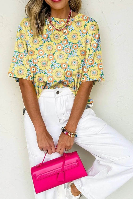 Floral Print Round Neck Oversized T-Shirt Yellow Trendsi 2d14f85b-82c8-481d-8399-312d0f76b024-Max-Origin