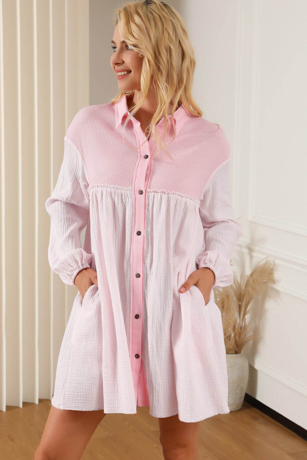 Buttoned Collared Neck Dropped Shoulder Mini Dress Trendsi 2d333502d3344939a19c1f051b214bdb-Max
