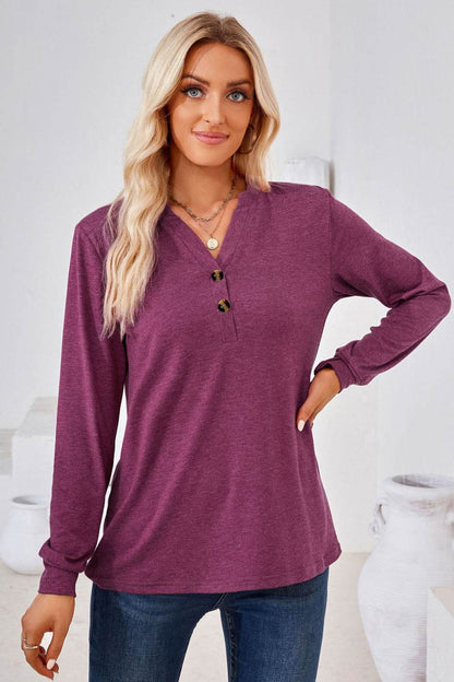 V-Neck Buttoned Long Sleeve Blouse Trendsi 2d4d9caf73e2420b93c4cad56792438f-Max