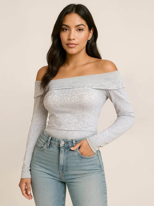 Off-Shoulder Long Sleeve Fitted T-Shirt Light Gray Trendsi 2d6b577f-267f-4a92-91ab-a28da40c8295-Max-Origin