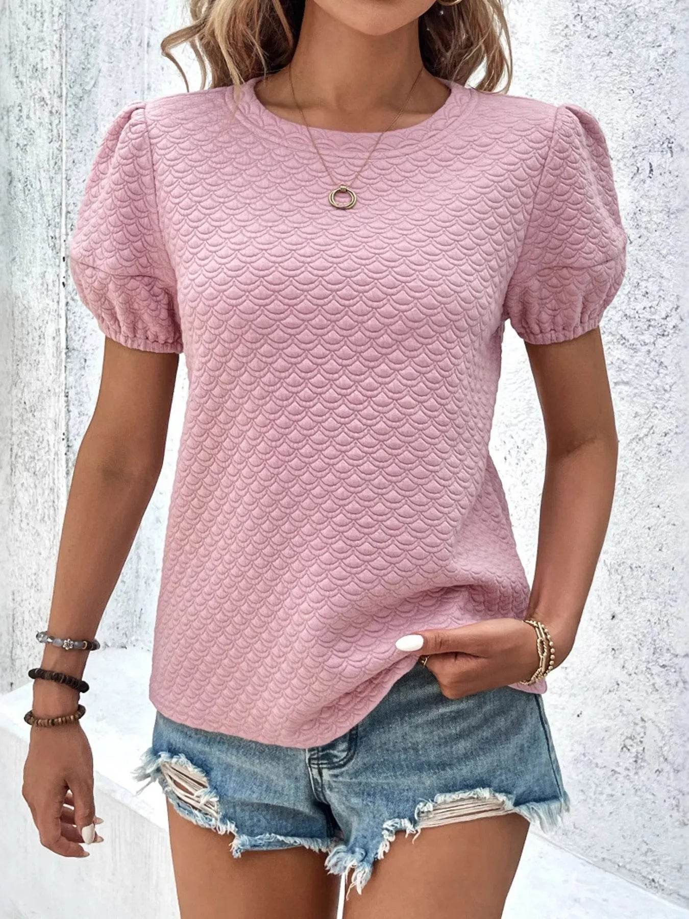Textured Puff Sleeve T-Shirt Trendsi 2d6f08207b304aba826b3355c897f3ae-Max-Origin