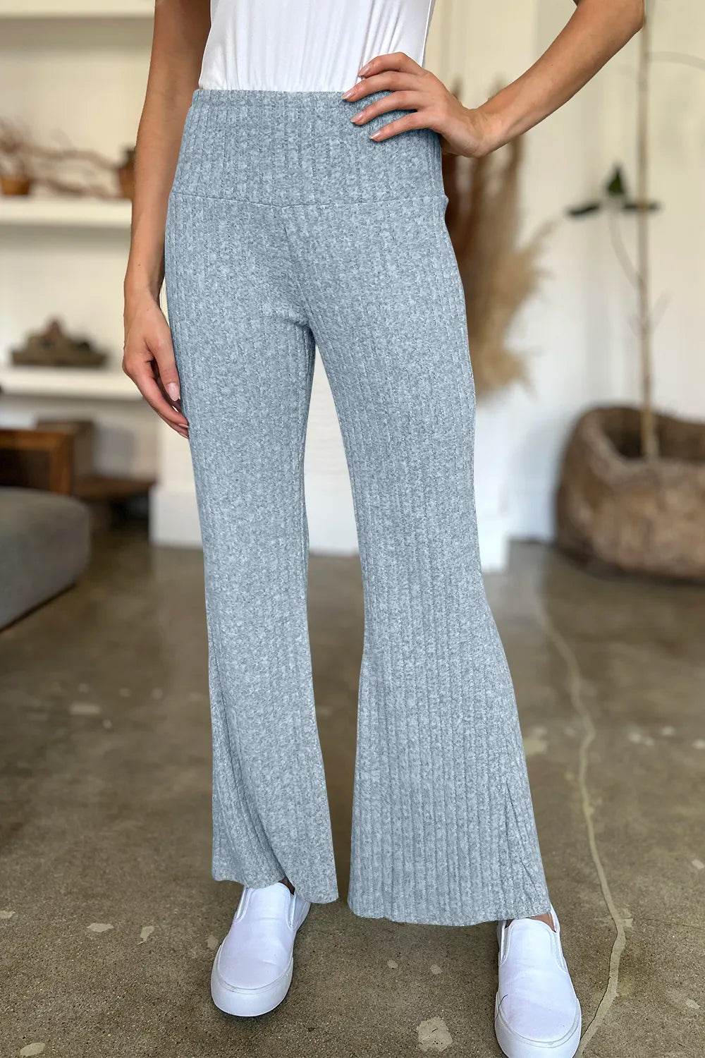 FAM-FAM Ribbed High Waist Flare Pants Light Blue Trendsi 2d6fee23-4b21-4080-a6b4-5d1d715e7f56-Max