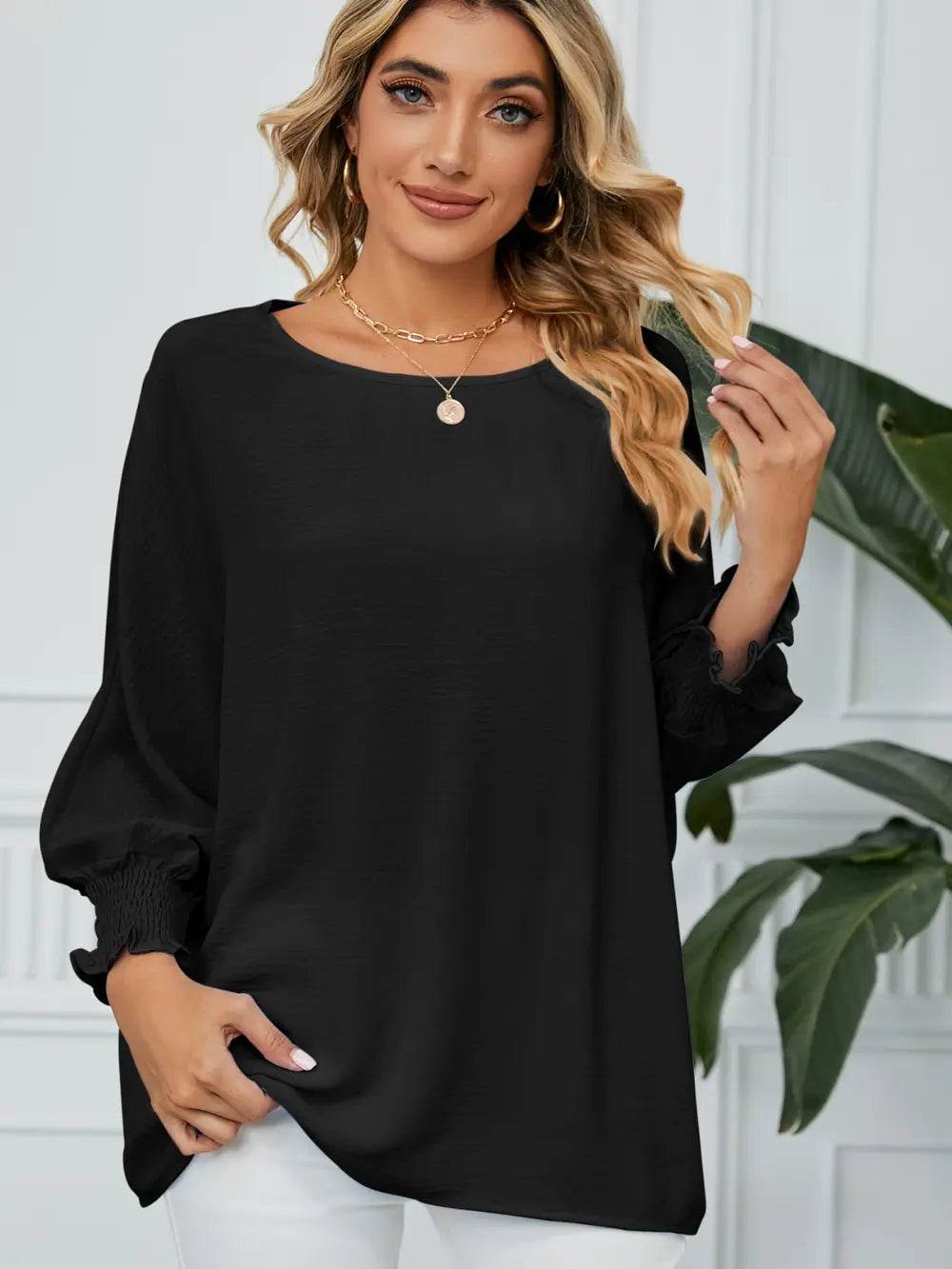 Smocked Lantern Sleeve Round Neck Blouse Black Trendsi 2d7939ef99454aef9b46d1f37a090426-Max
