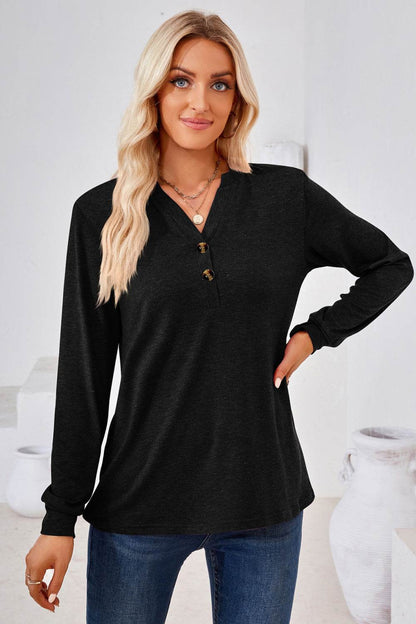 V-Neck Buttoned Long Sleeve Blouse Trendsi 2d92dcc94a0b4edc8bba2ea65cf30eba-Max