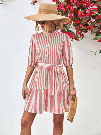 Striped Half Sleeve Tie Waist Mini Dress Trendsi 2daf84f264e841408428739435b187a4-Max