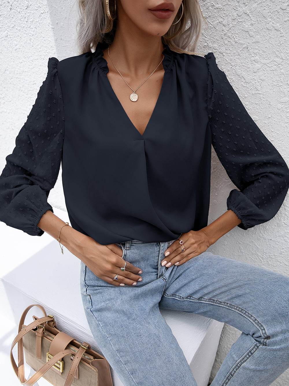 Ivy Lane Swiss Dot Frill Trim Puff Sleeve Blouse Trendsi 2db99f2fb1614448a1868b33da35b3dd-Max