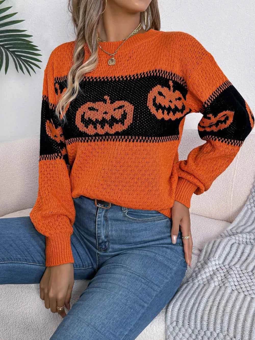 Pumpkin Round Neck Long Sleeve Sweater Trendsi 2dca1e01-8c1d-4c5b-94a4-3a89278523d9-Max