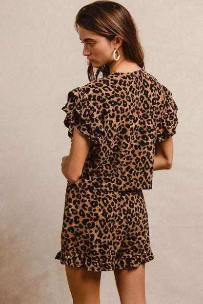 BiBi Leopard Print Waffle Texture Layered Ruffle Sleeve Top and Shorts Set Trendsi 2dd7d0c6191f496ea1cf63017c46a72b-Max-Origin
