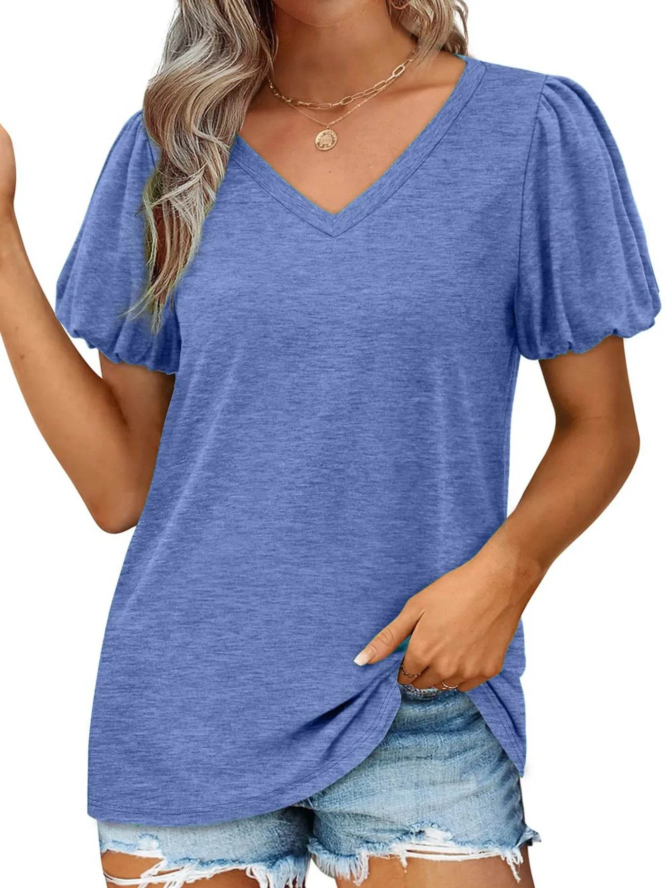 V-Neck Puff Sleeve Casual T-Shirt Trendsi 2de16ec665774c26bc6e193b2167e21e-Max-Origin