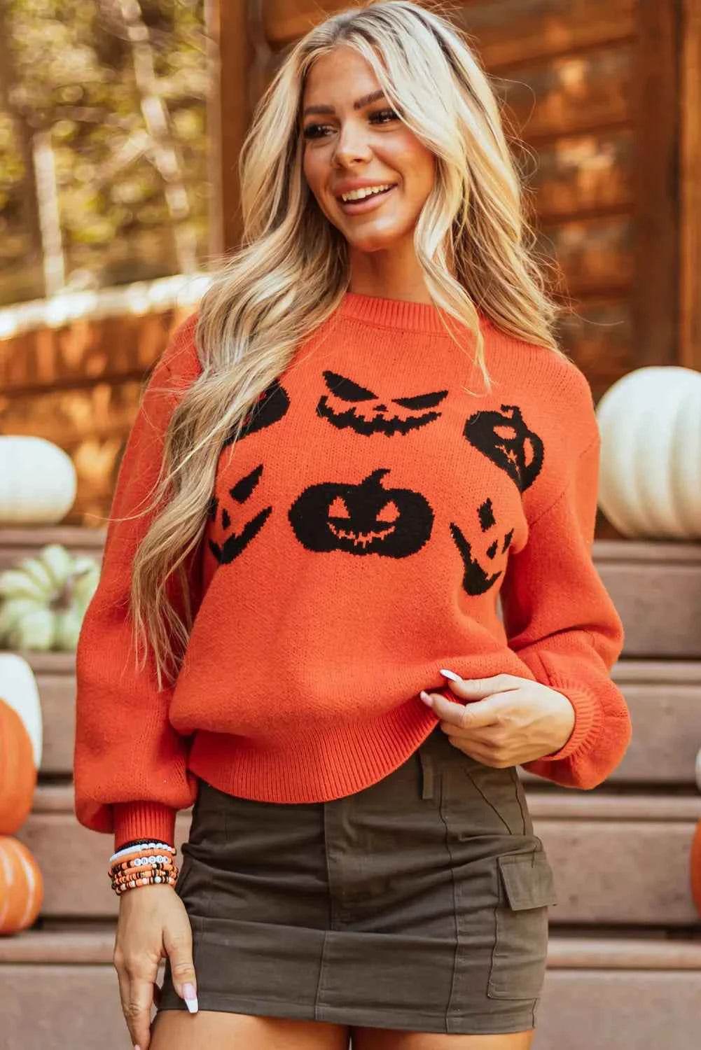 Pumpkin Pattern Round Neck Sweater Trendsi 2de2e9e6-655c-4040-941d-13000d8ef464-Max