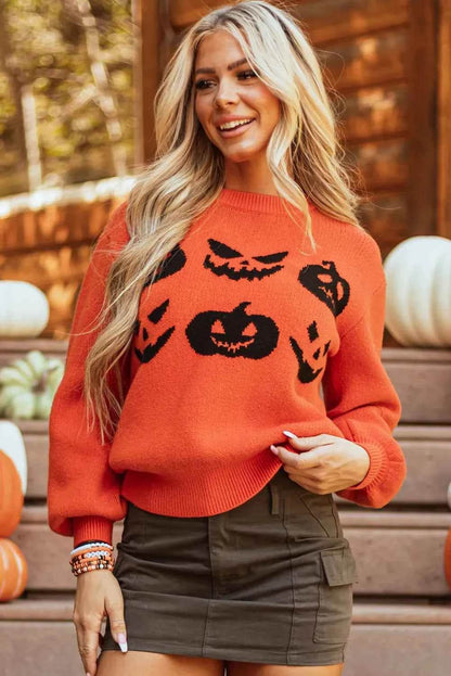 Pumpkin Pattern Round Neck Sweater Trendsi 2de2e9e6-655c-4040-941d-13000d8ef464-Max