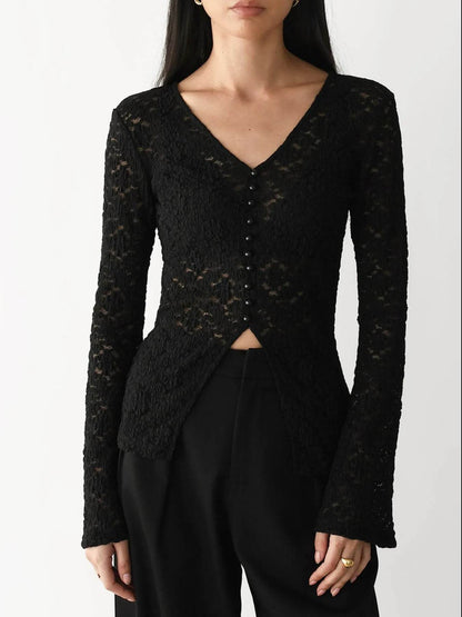 Lace V-Neck Flare Sleeve T-Shirt Trendsi 2df2c8ef-c7b0-431a-b8d1-c2a9a69f5e83-Max-Origin
