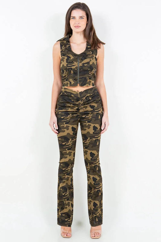 American Bazi V-Cut Ruched Camo Flare Pants Olive Camo Trendsi 2e025fab-0022-4404-a44a-2964210f52be-Max