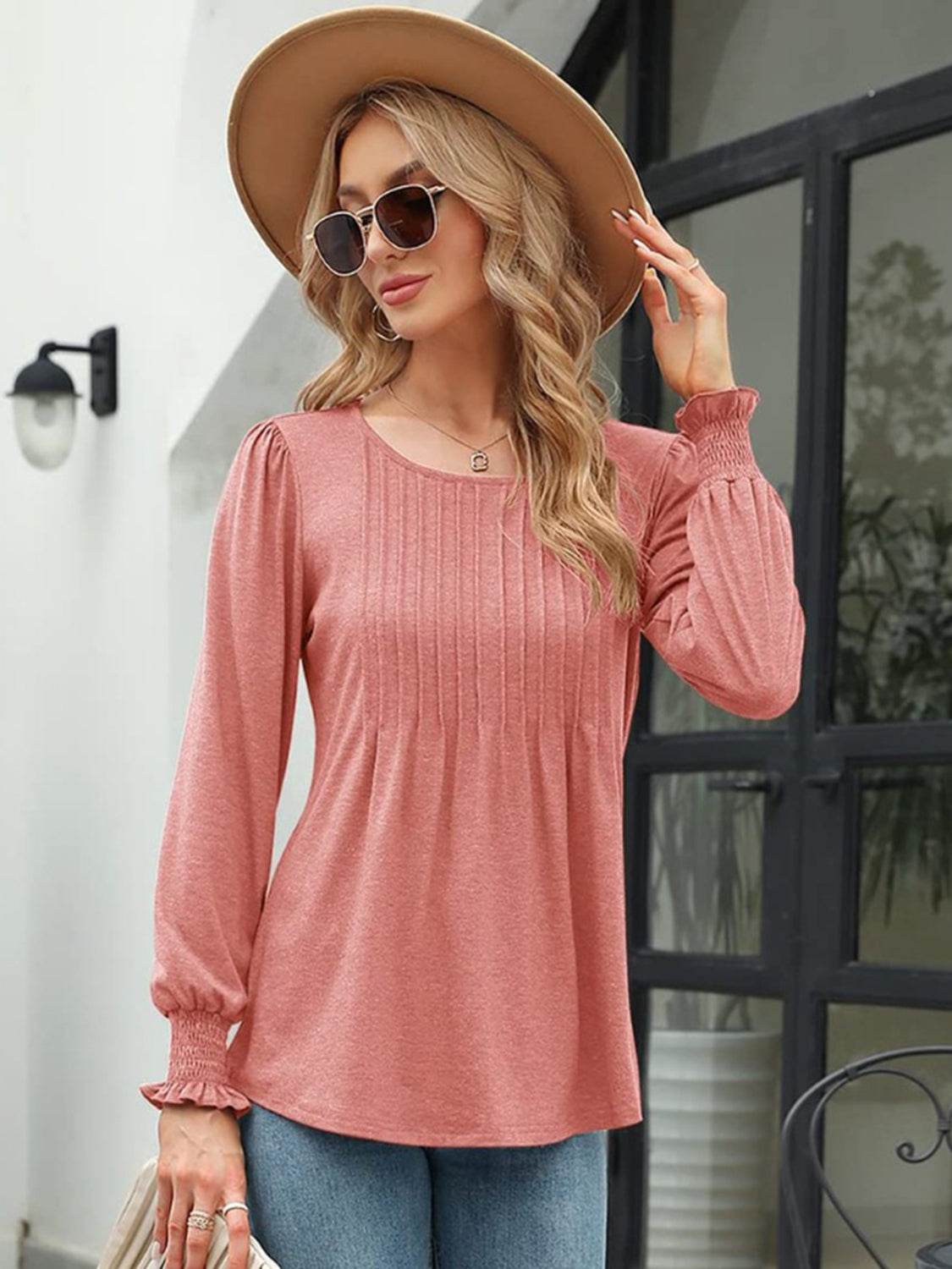 Smocked Round Neck Lantern Sleeve Blouse Trendsi 2e2e400e2c1e427db7b6de55331bf8c3-Max