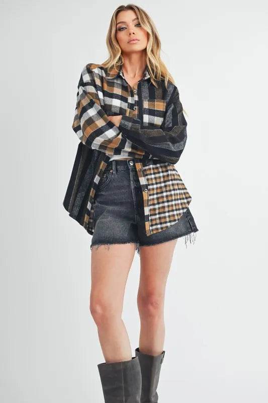 Aem+Co Curved Hem Plaid Button Up Shirt Trendsi 2e3dc916-78da-48dc-9fc3-a0ee4277890a-Max