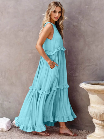 Ruffled Sleeveless Tiered Maxi Dress with Pockets Trendsi 2e4576b5-5a9d-421f-ad41-138431e1e1f2-Max