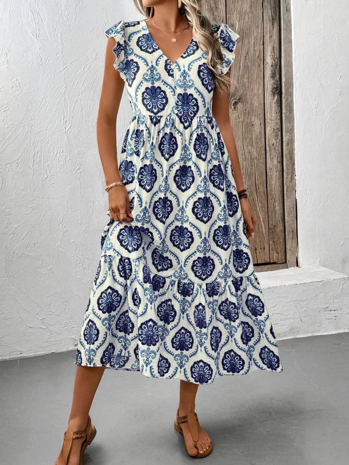 Printed V-Neck Cap Sleeve Dress Trendsi 2e52978f-6f01-49e0-8259-7fe488ba70ce-Max-Origin