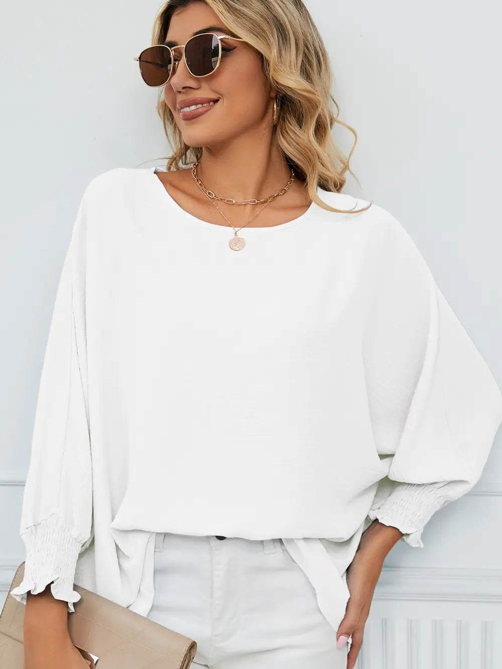 Smocked Lantern Sleeve Round Neck Blouse Trendsi 2e549f7a9764418992516f80c0d83fcb-Max