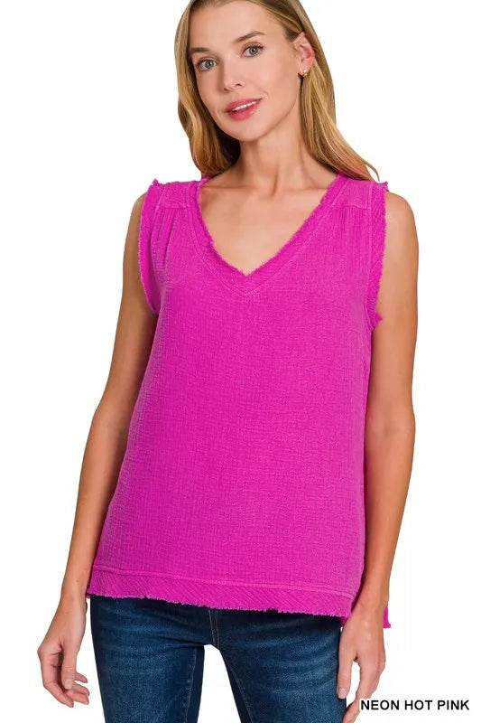 Zenana Double Gauze Raw Edge V-Neck Tank NEON HOT PINK Trendsi 2e56cb9c5be94ab2aa6fdc87baed7da8-Max-Origin