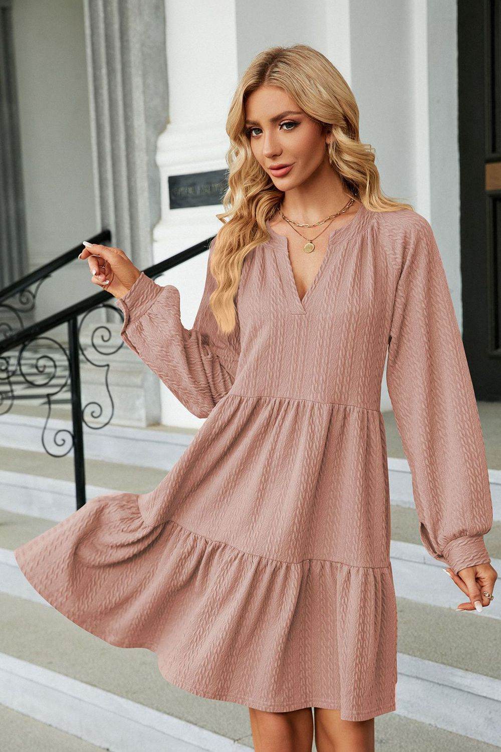 Notched Neck Long Sleeve Mini Dress Trendsi 2e677b6fd70142849e5faaa5868a8ea6-Max