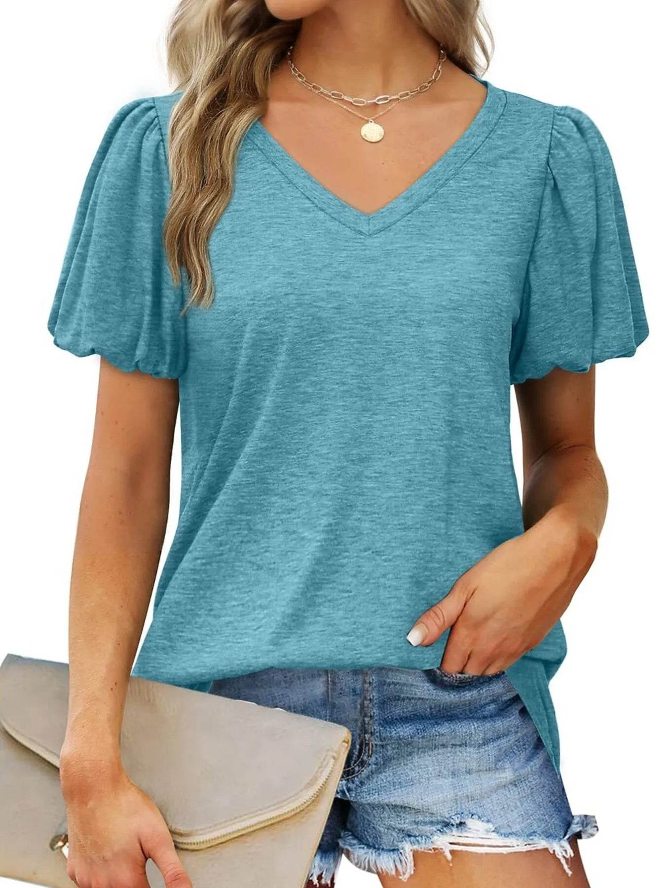 V-Neck Puff Sleeve Casual T-Shirt Trendsi 2e6decf21ecf40d68995de296f8325ca-Max-Origin