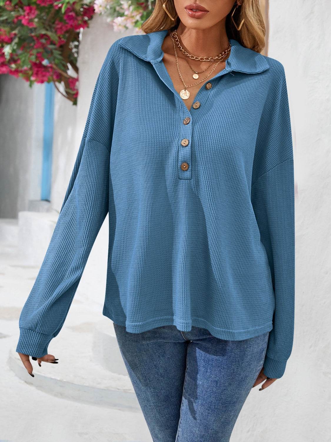 Half Button Collared Neck Long Sleeve Top Trendsi 2e7636e5785940c7b8181aca2de5a5f5-Max