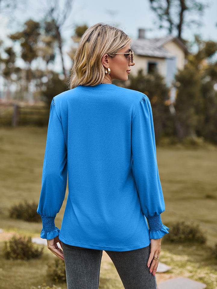 Notched Neck Flounce Sleeve Blouse Trendsi 2e8d7a66016f423eb175be5d0c8b4059-Max