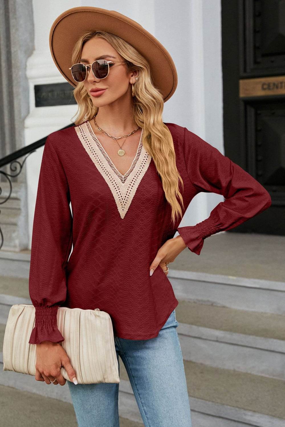 V-Neck Flounce Sleeve Blouse Trendsi 2e8f99f30f9b4a299dbca351d6f2e404-Max