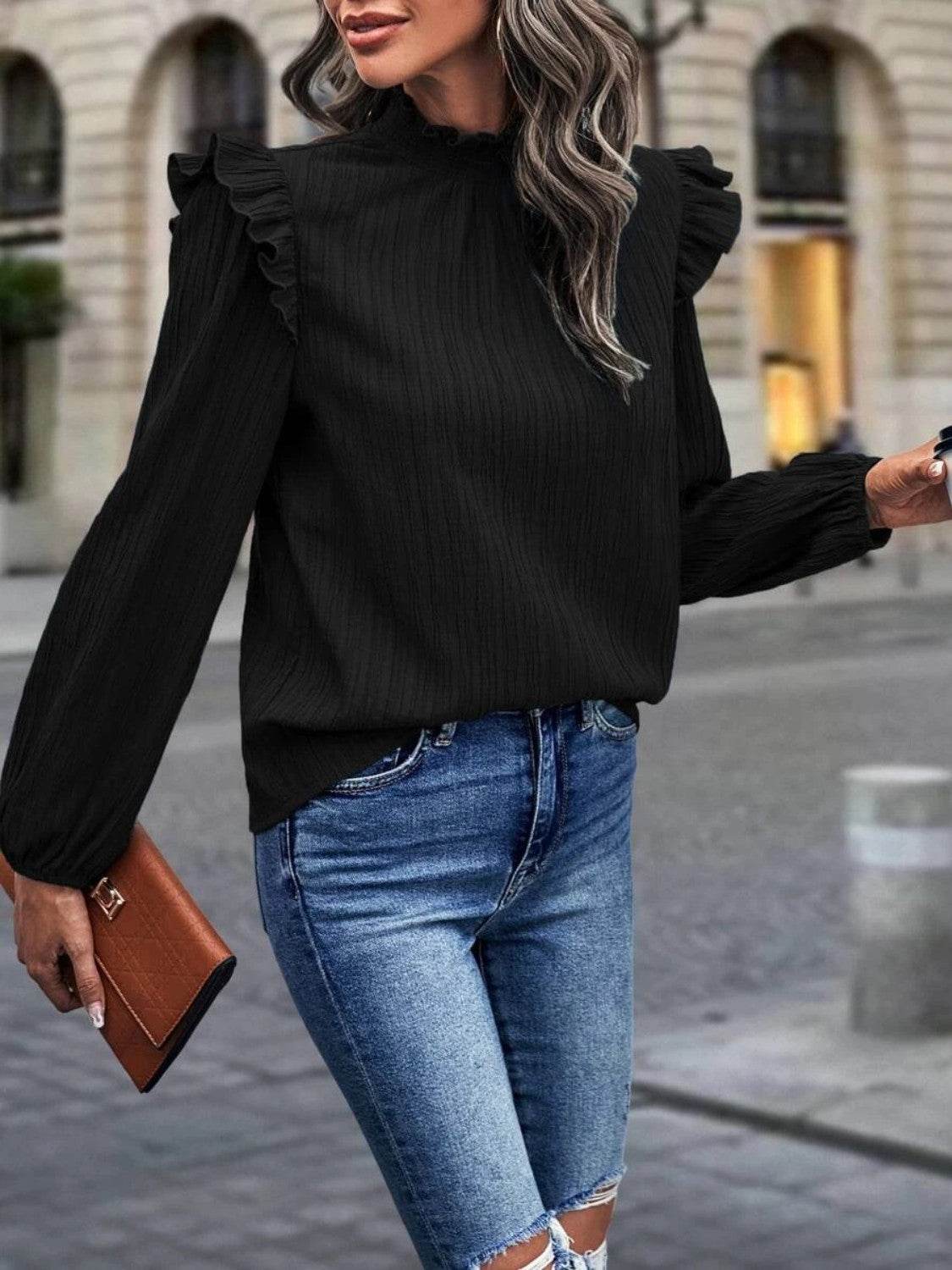 Mock Neck Ruffle Shoulder Blouse Trendsi 2eaca94cab0d4613adf20b1d4341d852-Max