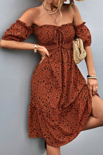 Ditsy Floral Smocked Frill Trim Off-Shoulder Dress Trendsi 2ec13718d6cb419c9fe23603d14e6216-Max