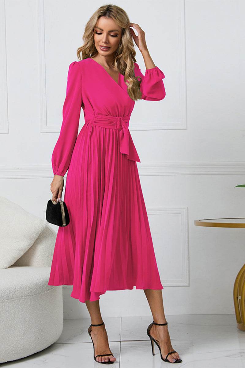 V-Neck Long Sleeve Tie Waist Midi Dress Hot Pink Trendsi 2edf45600b644275ba90969b252e325d-Max