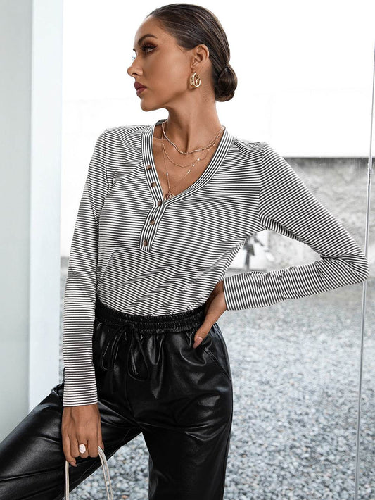 Ivy Lane Striped Buttoned V-Neck Long Sleeve Top Dark Gray Trendsi 2ee1a14f1893419cba2916e630ee1df4-Max