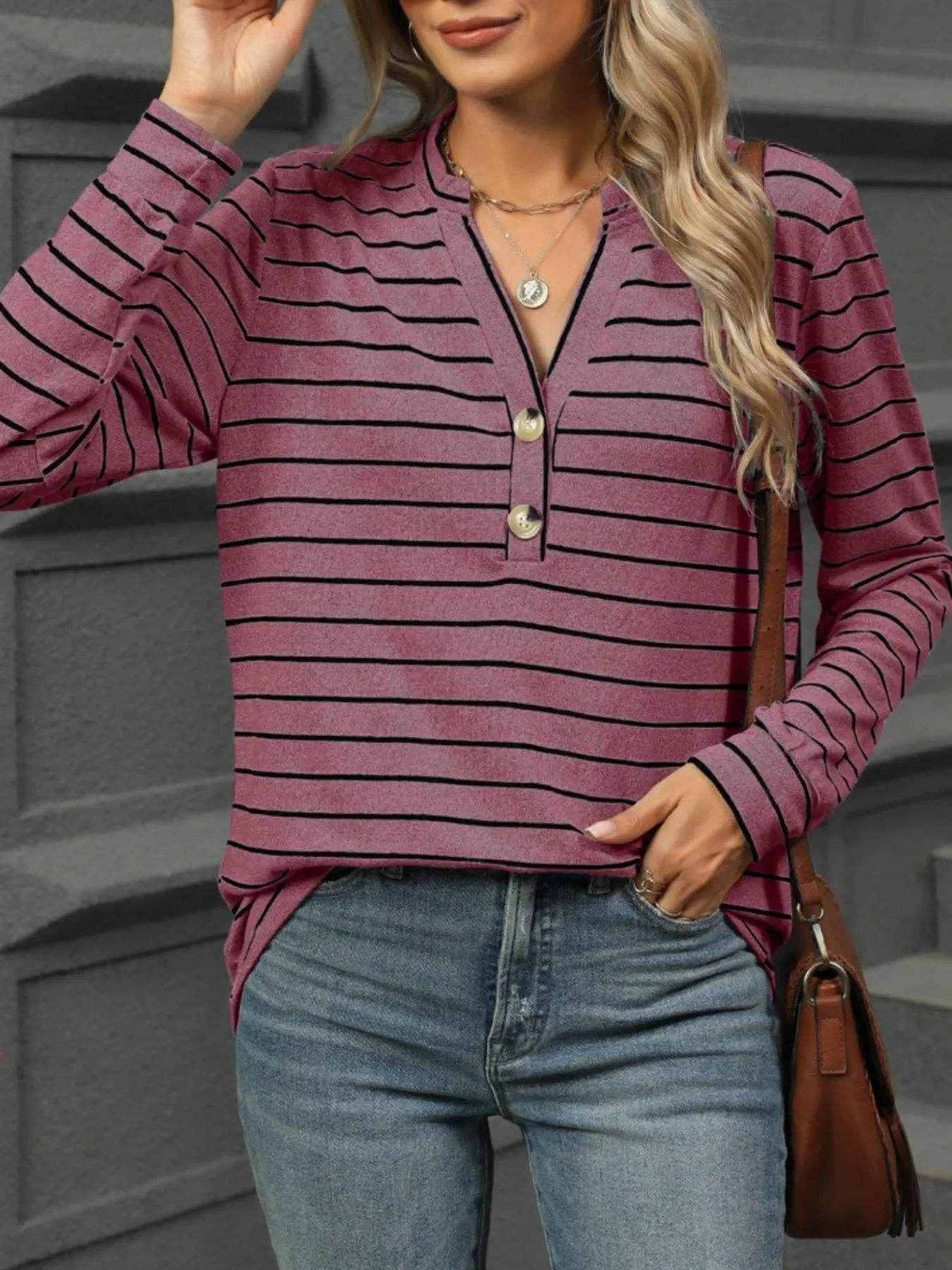 Striped Henley T-Shirt with Button Detail Trendsi 2ef2bf98-a4a8-4cd4-be00-3ee62534567c-Max-Origin