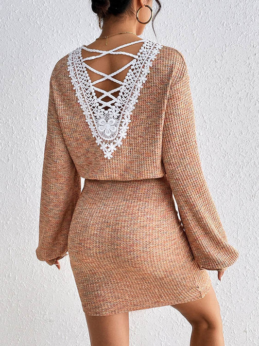 Honey Lace Detail V-Neck Mini Dress Tan Trendsi 2ef4011d02d542848beb5ca19f7862ed-Max