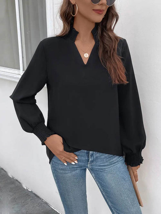 Perfee Smocked Notched Long Sleeve Blouse Black Trendsi 2f1143184a014f158dbfd5303dea2180-Max