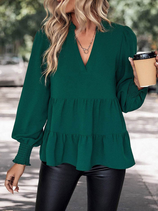 Perfee Notched Neck Lantern Sleeve Blouse Green Trendsi 2f11696a8c2945b7bcbd50caa0412c0a-Max