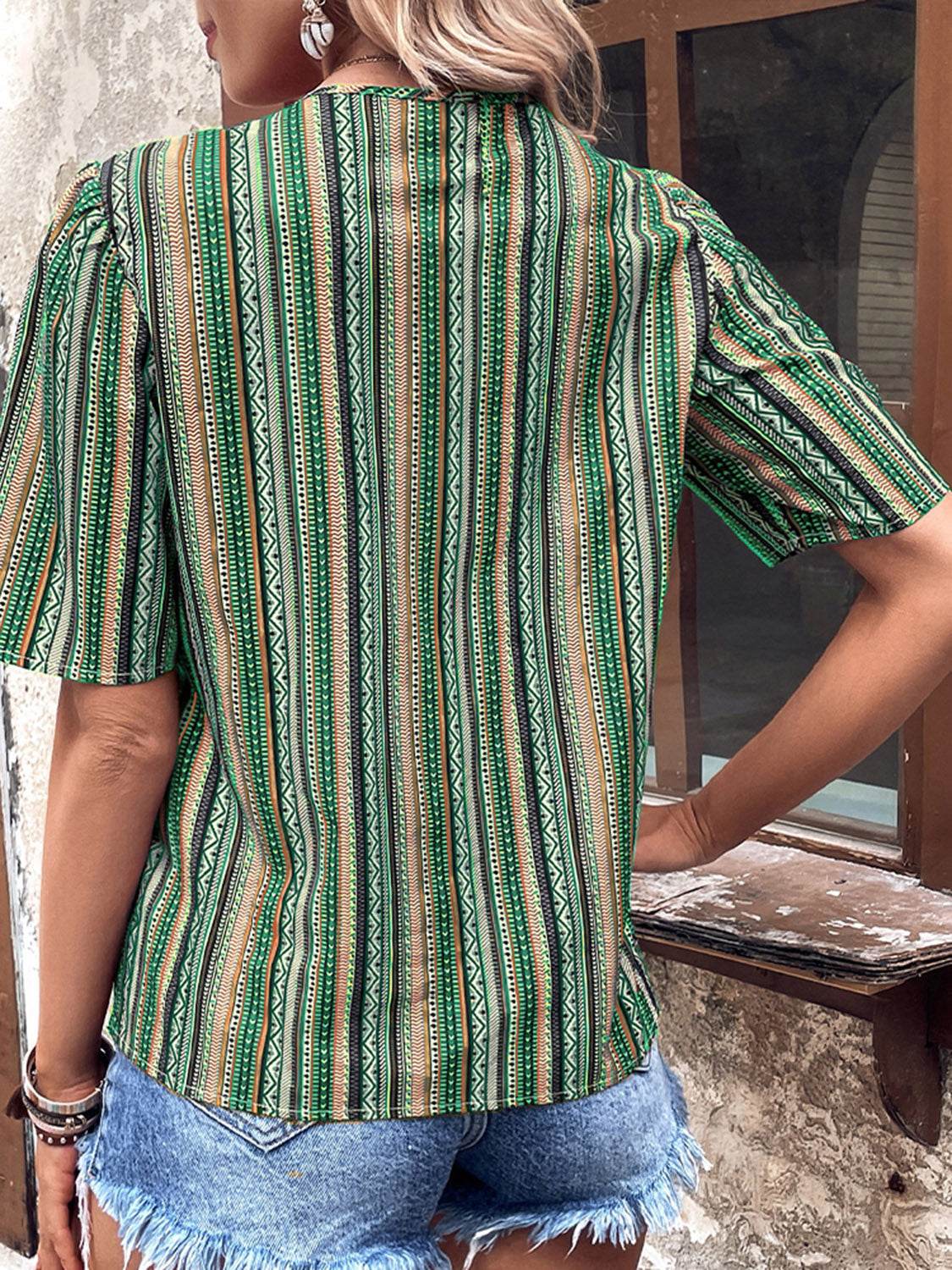Shiny Printed V-Neck Button-Up Short Sleeve Top Trendsi 2f4f63530ede457c841534a5a26fe8fc-Max