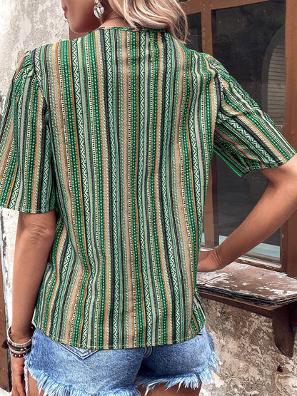 Shiny Printed V-Neck Button-Up Short Sleeve Top Trendsi 2f4f63530ede457c841534a5a26fe8fc-Max