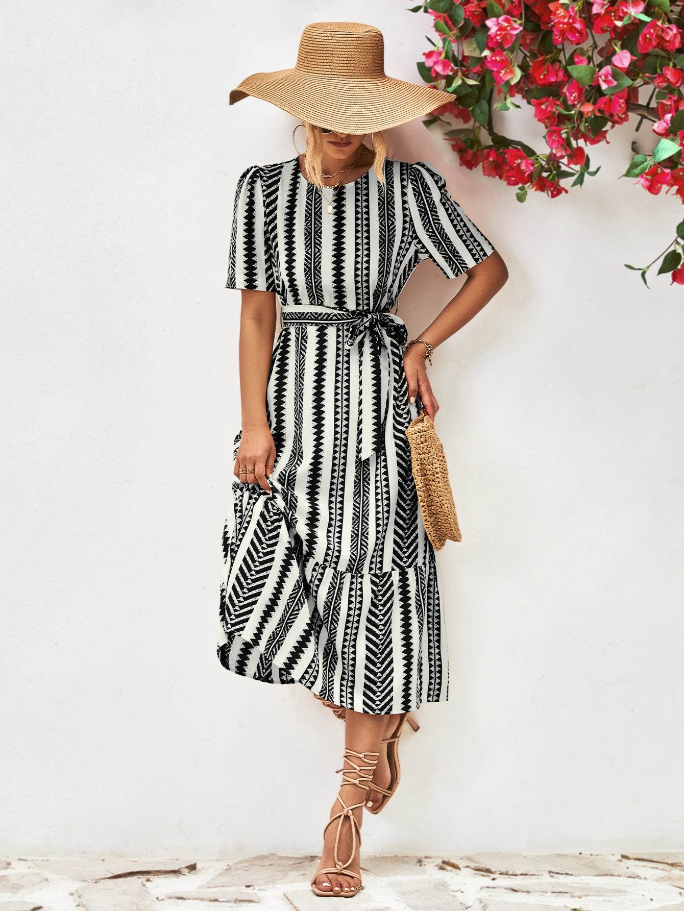 Striped Tie Belt Round Neck Puff Sleeve Dress Trendsi 2f6fd99dcf684f42b8333eb886ad7c49-Max