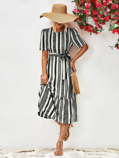 Striped Tie Belt Round Neck Puff Sleeve Dress Trendsi 2f6fd99dcf684f42b8333eb886ad7c49-Max
