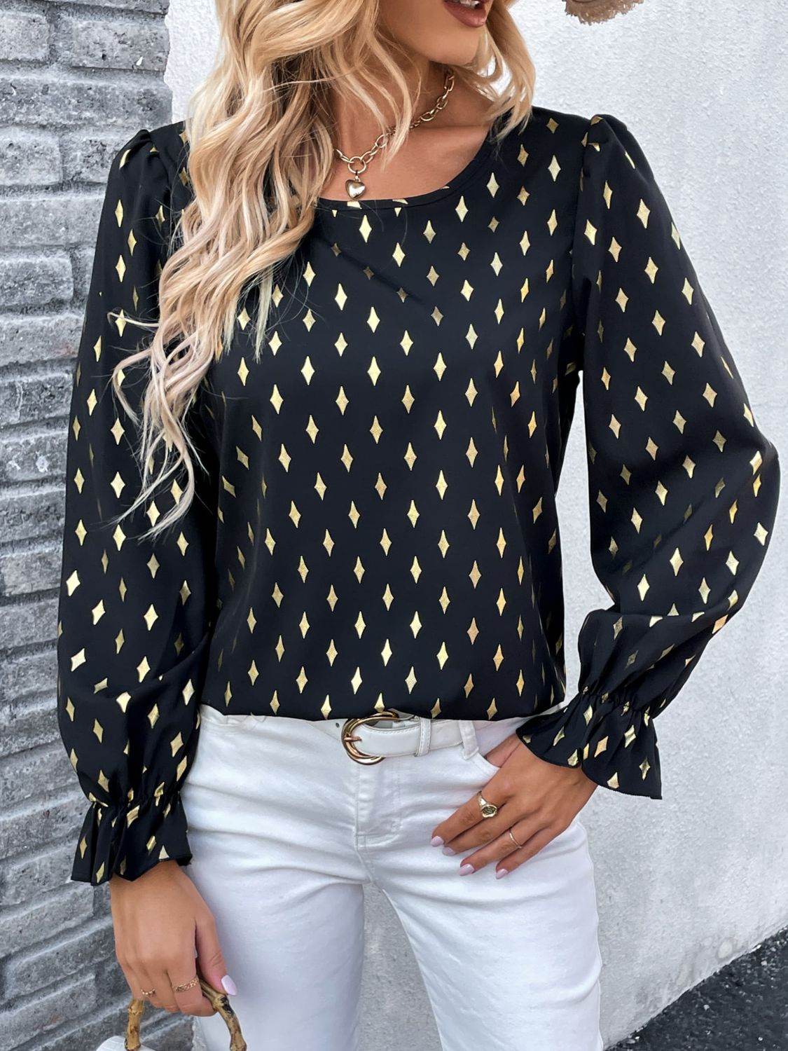 Perfee Printed Round Neck Flounce Sleeve Blouse Trendsi 2f7a188f952d463f9f8ebe814d894cf6-Max