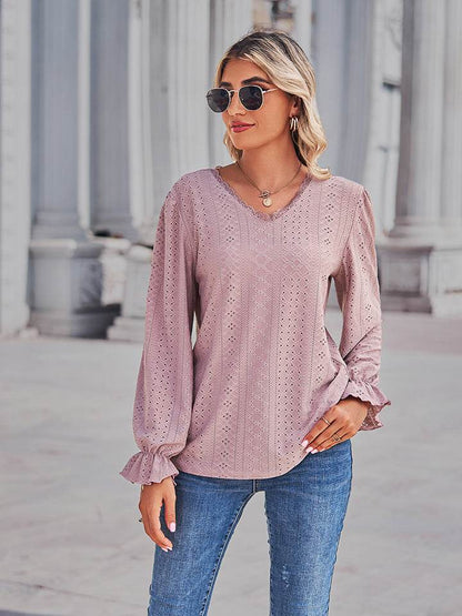 Eyelet V-Neck Flounce Sleeve Blouse Lilac Trendsi 2fb91a3cedbb4b4ebc05ccba02c227f1-Max