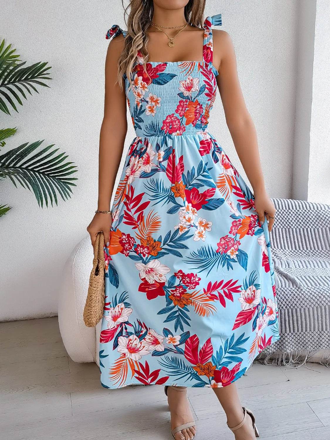 Smocked Floral Tie Shoulder Midi Dress Trendsi 2fcd4fb7-9da6-4c68-bee8-030f08708778-Max-Origin
