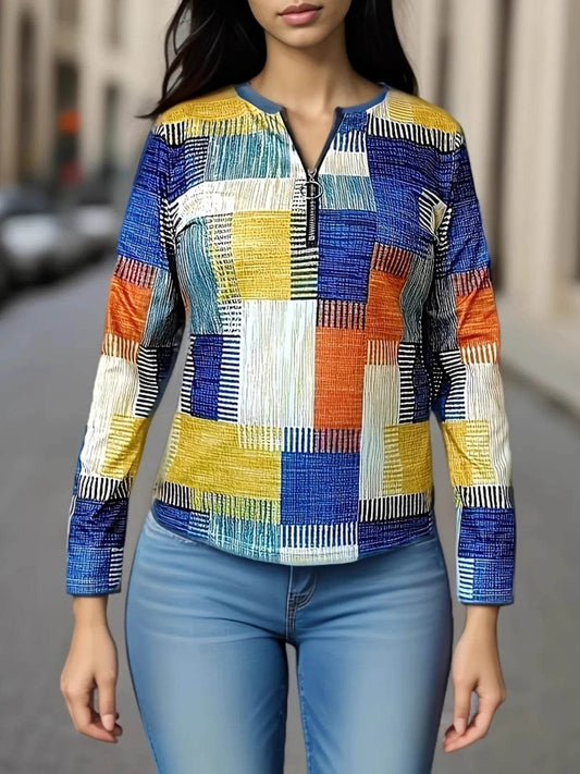 Color Block Zip Front Long Sleeve Top Trendsi 2fd9d57ba984432c93d7c1b50b0493c6-Max-Origin